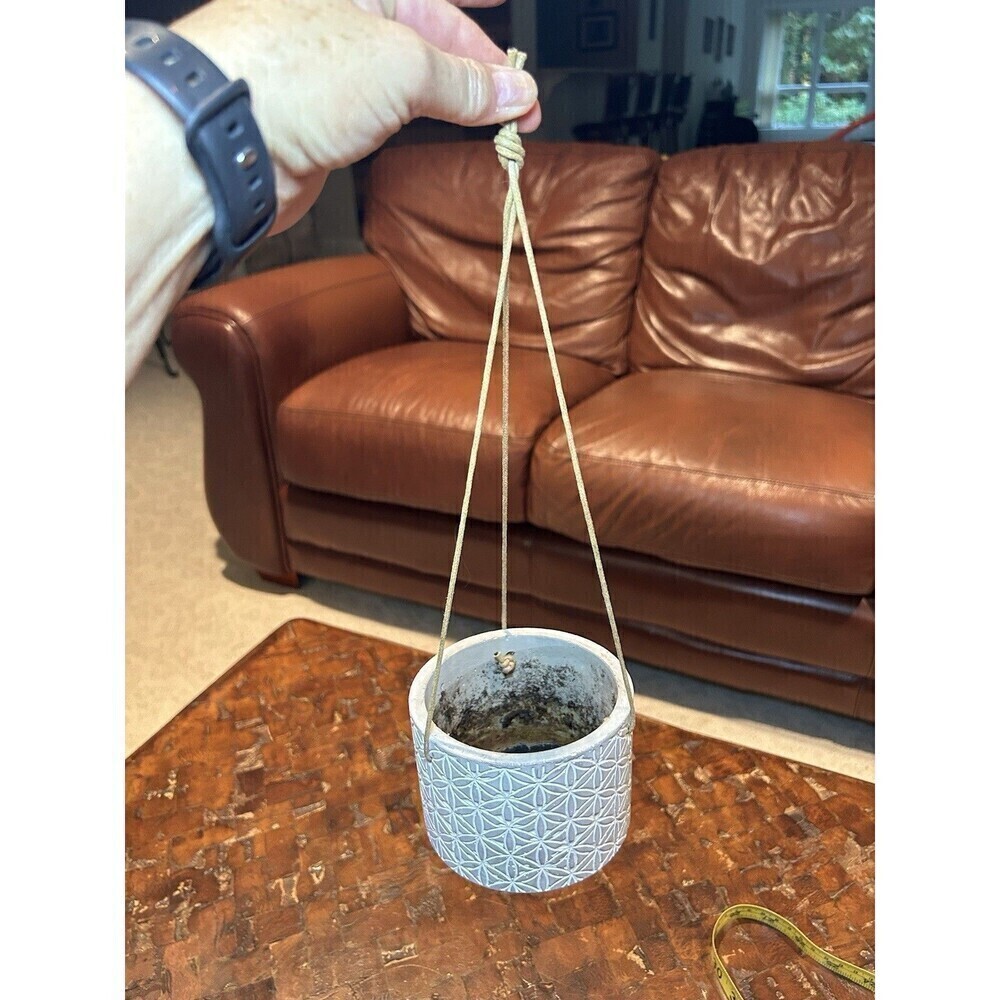 Grey and White Small Jute and Ceramic Hanging Planter